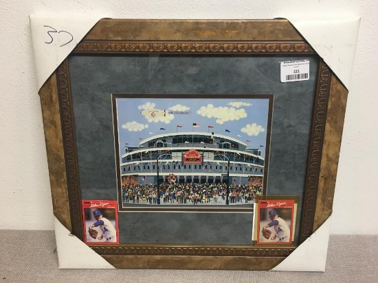 Framed Wrigley Field Print and Two Nolan Ryan Baseball Cards as Pictured