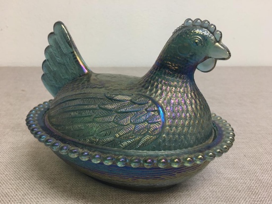 Vintage Blue Carnival Glass Hen on a Nest Candy Dish