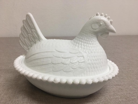 Vintage Milk Glass Hen on a Nest Candy Dish