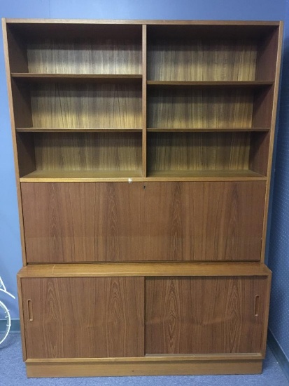 Mid Century Modern Two Piece Bookshelf w/Drop Leaf Desk
