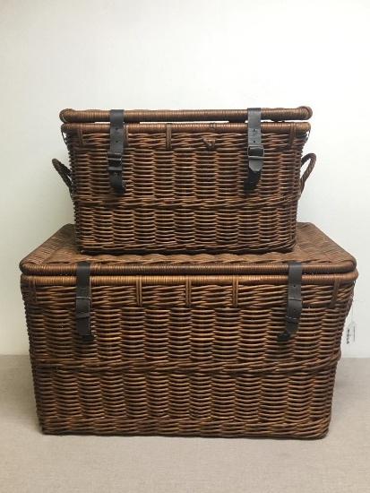Two Nesting Wicker Travel Trunks
