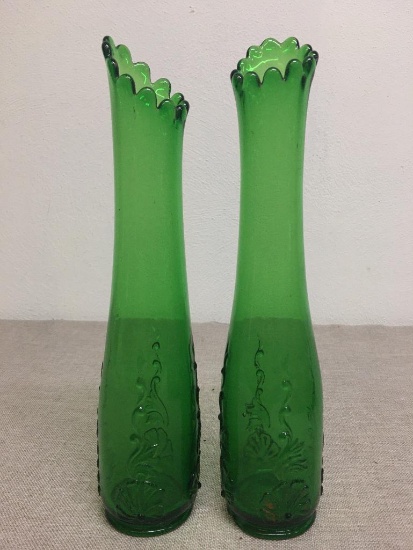 Pair of Vintage Green Swung Glass Vases