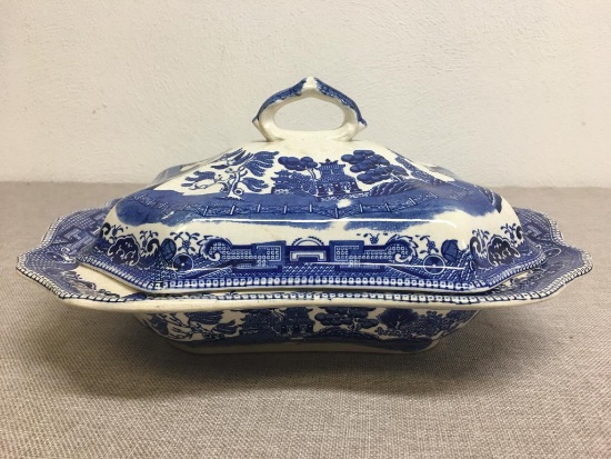 Antique Blue Willow Serving Dish w/Lid by Buffalo Pottery