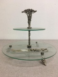 Vintage Two Tier Etched Glass Footed Serving Tray w/Knife
