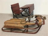 Two Doll Props Incl Wood Sled and Small Wood School Desk