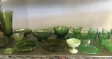 Shelf Lot of Jadeite, Vaseline and Depression Glass Bowls, Drinking Glasses and More