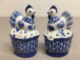 Vintage Delft Blue Hand Painted Hens On Baskets Salt & Pepper Shakers