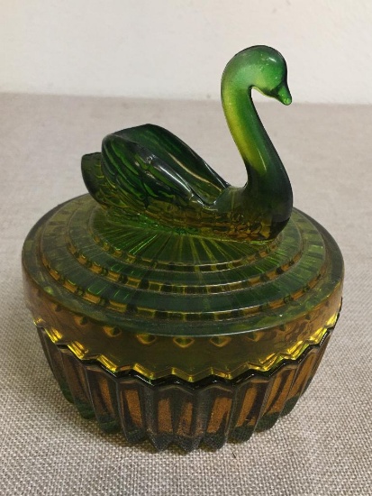 Vintage Green and Amber Glass Swan Trinket Jar