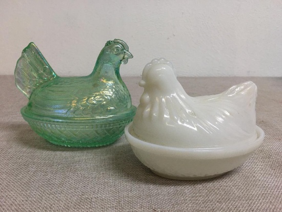 Two Vintage Hen's on a Nest Incl One Milk Glass and One Light Green Carnival Glass
