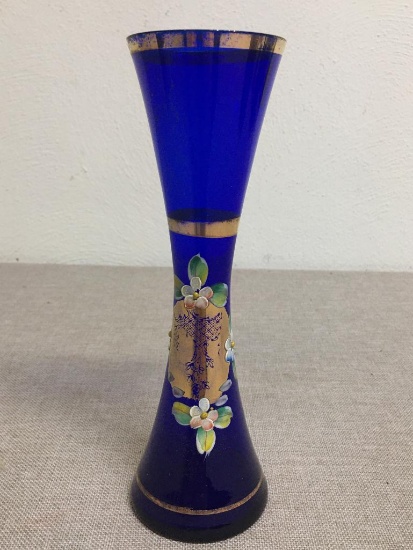 Hand Painted Cobalt Blue Glass Vase w/Gold Trim