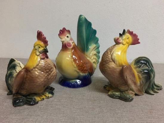 Group of Three Vintage Ceramic Roosters Incl Royal Copley Chicken Bank