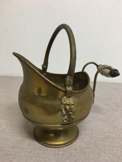 Vintage Copper Scuttle Bucket w/Porcelain Handle and Lion Head Detail Made in Holland