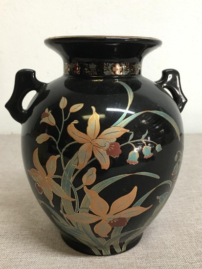 Lily of the Valley Black Gold Accent Two Handle Vase/Urn