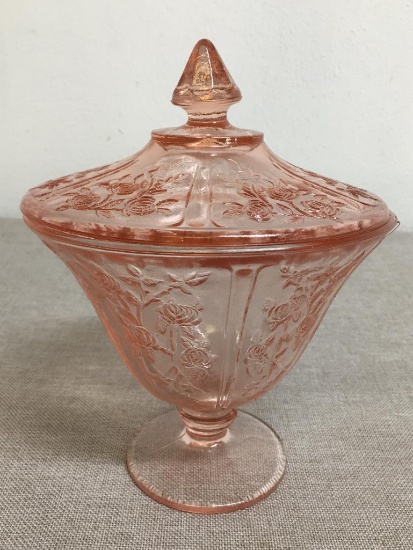 Pink Depression Glass Covered Candy Dish