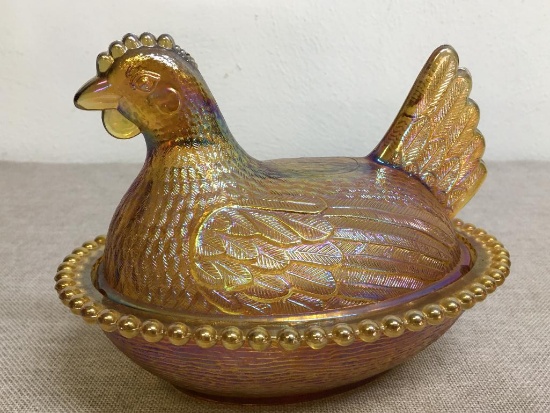 Vintage Marigold Iridescent Hen on Nest