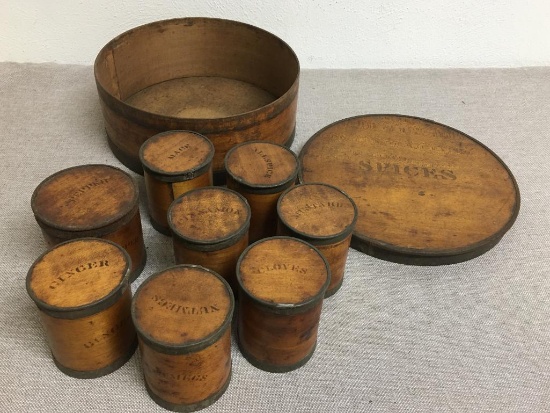 19th Century Tin Wrapped Wooden Spice Container w/Nine Pieces