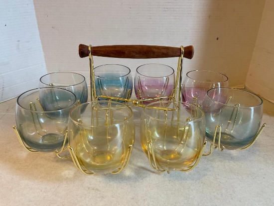 Set of Vintage Drink Glasses in Holder in Multiple Colors