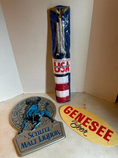 Flag Set in Original Packaging and Two Beer Signs as Pictured