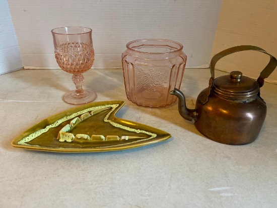Pink Glass, Copper Pitcher and Vintage Ceramic Ash Tray