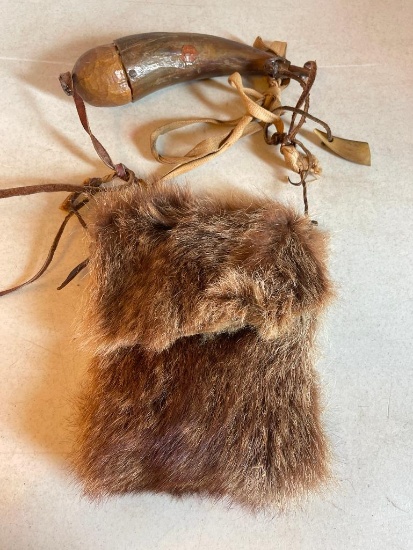 Wood Powder Horn and Fur Ammo Holder as Pictured