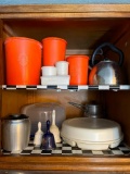 Kitchen Cabinet Lot Incl. Roaster, Tupperware and Tea Kettle