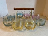 Set of Vintage Drink Glasses in Holder in Multiple Colors