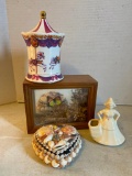 Treasure Lot with Butterfly Music Box, Shell Trinket Box and More as Shown