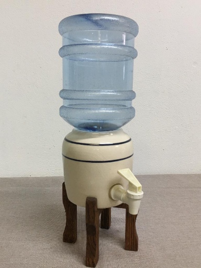 Small, Porcelain Ceramic Water Dispenser Crock w/Wood Stand