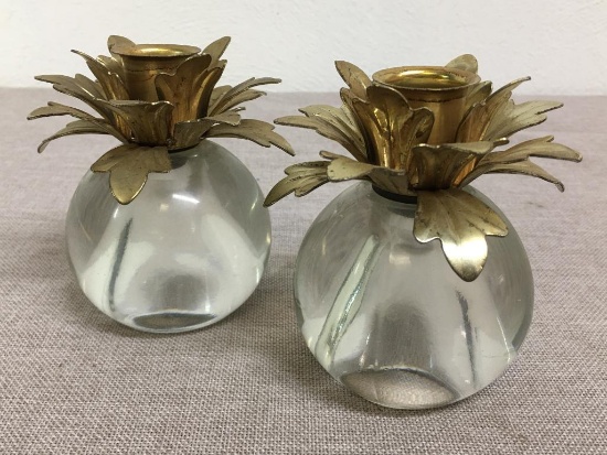 Pair of Vintage Glass and Metal Leaf Candle Stick Holders