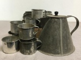 Group of Antique Tin Coffee Pot and Tin Coffee Cups