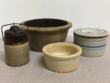 Three Piece Group of Antique Pottery Crocks and Bowl