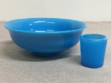 Two Piece Lot of Azurite Blue Opaque Bowl and Votive Made in Cambridge, OH