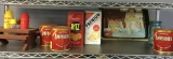 Shelf Lot of Vintage Advertising Tins, Ball Jar, Mustard and Ketchup Servers and More