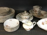 Shelf Lot of Misc Porcelain Plates, Serving Bowls, Cream/Sugar and More Made in Czechoslovakia