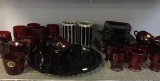Shelf Lot Group of Vintage Ruby Glass Plates, Drinking Glasses and More