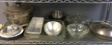 Shelf Lot of Stainless Steel and Glass Mixing Bowls, Baking Dishes and More