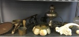 Shelf Lot of Misc Vintage Items Incl Oil Lamp Bases, Lamp Shades and More