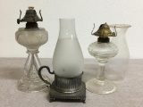 Pair of Vintage Glass Oil Lamps and Candle Lamp