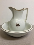 Vintage Painted Tea Leaf Design Ironstone Alfred Meekins Washbowl and Pitcher