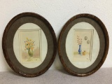Pair of Vintage Framed Watercolor Floral Prints Signed by Artist