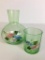 Vintage Hand Painted Green Glass Tumble Up Bedside Decanter and Cup