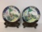 Pair of Chinese Painted Brass Plates w/Wood Carved Stands