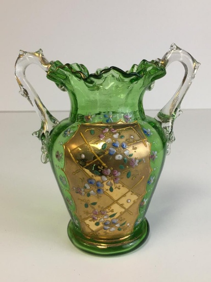 Vintage Hand Blown Glass Hand Painted Vase
