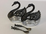 Pair of Vintage Crystal Swan and Silverplate Salt Cellar w/Spoons Made in Italy