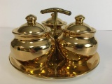 Set of Three Condiment Jars w/Atlas 22 Karat Satin Gold Serving Tray