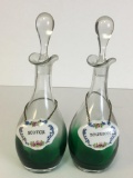 Pair of Vintage Glass Decanters w/Hand Painted Porcelain Name Tags