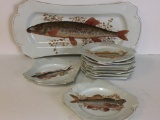 Set of Porcelain Plates and Large Serving Plate w/Various Fish Designs