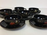 Set of Six Black Lacquer Tea Cups and Saucers