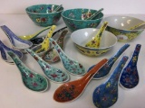 Group of Asian Style Rice and Soup Bowls w/Spoons