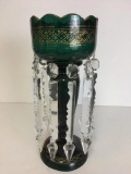 Antique Green Glass Mantel Luster w/Hanging Crystals